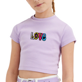  Love Tekst Flowerpower Strijk Embleem Patch op een lila kort shirtje