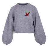 Chili Peper Strijk Embleem Patch op een grijze sweater