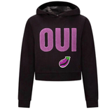 Aubergine Strijk Embleem Patch op een zwarte hoodie met paarse tekst