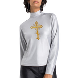 Kruis Cross Strijk Embleem Patch Goud op een zilverkleurige longsleeve