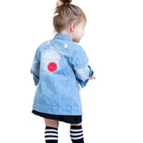 Smiley Strijkpatch Shimmer Pailletten Opstrijkbaar op de rugzijde van een spijkerjasje