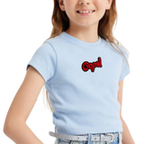 Oops Comic Style Comicbook Strijk Embleem Patch Rood op een lichtblauw t-shirtje