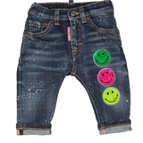 Paillette Smiley Strijk Embleem Patch Set 3 stuk op een kleine spijkerbroek