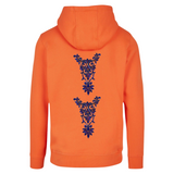 Twee maal de Yackalasi Cosplay Sequins Ventiaans Kant Strijk Applicatie Patch Donker Blauw op de rugzijde van een oranje hoodie