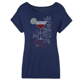 Cocktail Cosmos Strass Strijk Applicatie op een blauw shirt