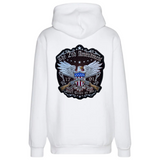 The Second Amendment USA Schild Adelaar Geweren XXL Strijk Embleem Patch op de rugzijde van een witte hoodie