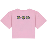 Drie maal de Margriet Margrietje Geel Hartje Strijk Embleem Patch op een roze kort t-shirtje