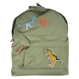 Dino Dinosaurus T-Rex Tyrannosaurus Strijk Embleem Patch samen met een andere dino op een legergroene rugzak