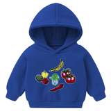 Fruit Groenten Strijk Embleem Patch Set 5 Patches op een kleine blauwe hoodie