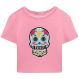 Sugar Skull Doodskop XL Strijk Embleem Patch op een kort roze t-shirt