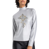 Kruis Cross Strijk Embleem Patch Zilver op een zilverkleurige longsleeve