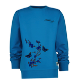 Pruimen Bloesem Vlinder Strijk Embleem Patch Set op een blauwe sweater