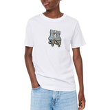 Poes Kat Reversible Paillette Strijk Embleem Patch Zwart Zilver op een wit t-shirt