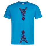 Twee maal de v op een blauw t-shirt