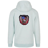 Zeearend Eagle USA XL Strijk Embleem Patch op de rugzijde van een lichtblauwe hoodie