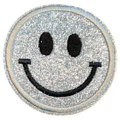 Smiley-Emoji-Emblem-Aufnäher zum Aufbügeln, glitzernd, silberfarben