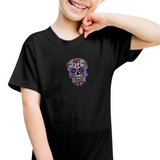 Sugar Skull Strijk Embleem Patch Wit op een zwart t-shirtje