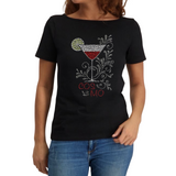 Cocktail Cosmos Strass Strijk Applicatie op een zwart t-shirt
