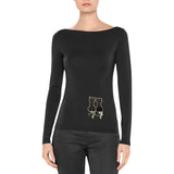 Poes Kat Reversible Paillette Strijk Embleem Patch Zwart Zilver op een zwarte longsleeve