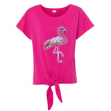 Roze Flamingo XXL Strijk Embleem Patch Links op een roze shirtje