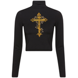 Kruis Cross Strijk Embleem Patch Goud op een zwarte longsleeve