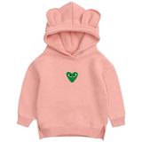 Hart Hartje Met Oogjes Strijk Embleem Patch Groen op een roze kleine hoodie