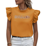 HOLLAND Tekst Oranje Wit Alfabet Letters Set 7 Stuks op een oranje truitje