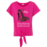 Naaldhak My Fashion Statement Tekst Strass Applicatie op een roze shirtje