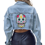 Sugar Skull Doodskop XL Strijk Embleem Patch op de rugzijde van een kort spikerjack