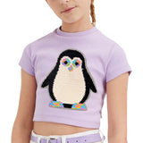 Pinguïn Reversible Paillette Op Naai XL Patch op een lila t-shirtje