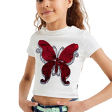 Vlinder Op Naai Embleem Patch Reversible Paillette Zilver Rood op een wit t-shirtje