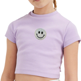 Smiley Emoji Strijk Embleem Patch Glitter Zilver o peen lila t-shirtje