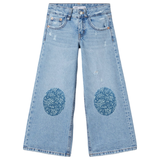 Knie Elleboog Strijk Patch Set Denim Bloemenmotief Wit op een spijkerbroek