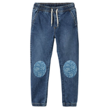 Knie Elleboog Strijk Patch Set Denim Bloemenmotief Wit op een donkerblauwe spijkerbroek