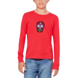 Sugar Skull Strijk Embleem Patch Rood Gele Tanden op een rood t-shirt