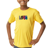 Love Tekst Flowerpower Strijk Embleem Patch op een kanlgeel t-shirt