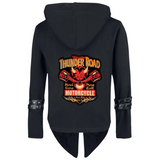 Thunder Road Motorcycle Hard Core Pure Evil Biker Tekst XXL Strijk Embleem Patch op de rugzijde van een zwarte goth jas