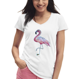 Roze Flamingo XXL Strijk Embleem Patch Rechts op een wit t-shirt