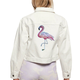 Roze Flamingo XXL Strijk Embleem Patch Rechts op de rugzijde van een ecru jasje