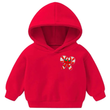 Kerst Candy Cane Zuurstok Strijk Embleem Patch op een kleine rode hoodie