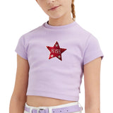 Ster Kiss Tekst Reversible Pailletten Strijk Embleem Patch op een lila t-shirtje