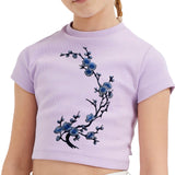 Pruimen Bloesem Tak Strijk Embleem Patch Blauw op een lila shirtje