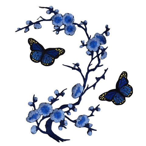 Blühendes Blumen- und Schmetterlings-Emblem-Patch-Set zum Aufbügeln, Blau