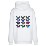 Alle andere kleurvarianten van de Vlinder Strijk Patch op de rugzijde van een witte hoodie