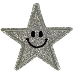 Smiley-Stern-Emblem-Aufnäher zum Aufbügeln, glitzernd, silberfarben