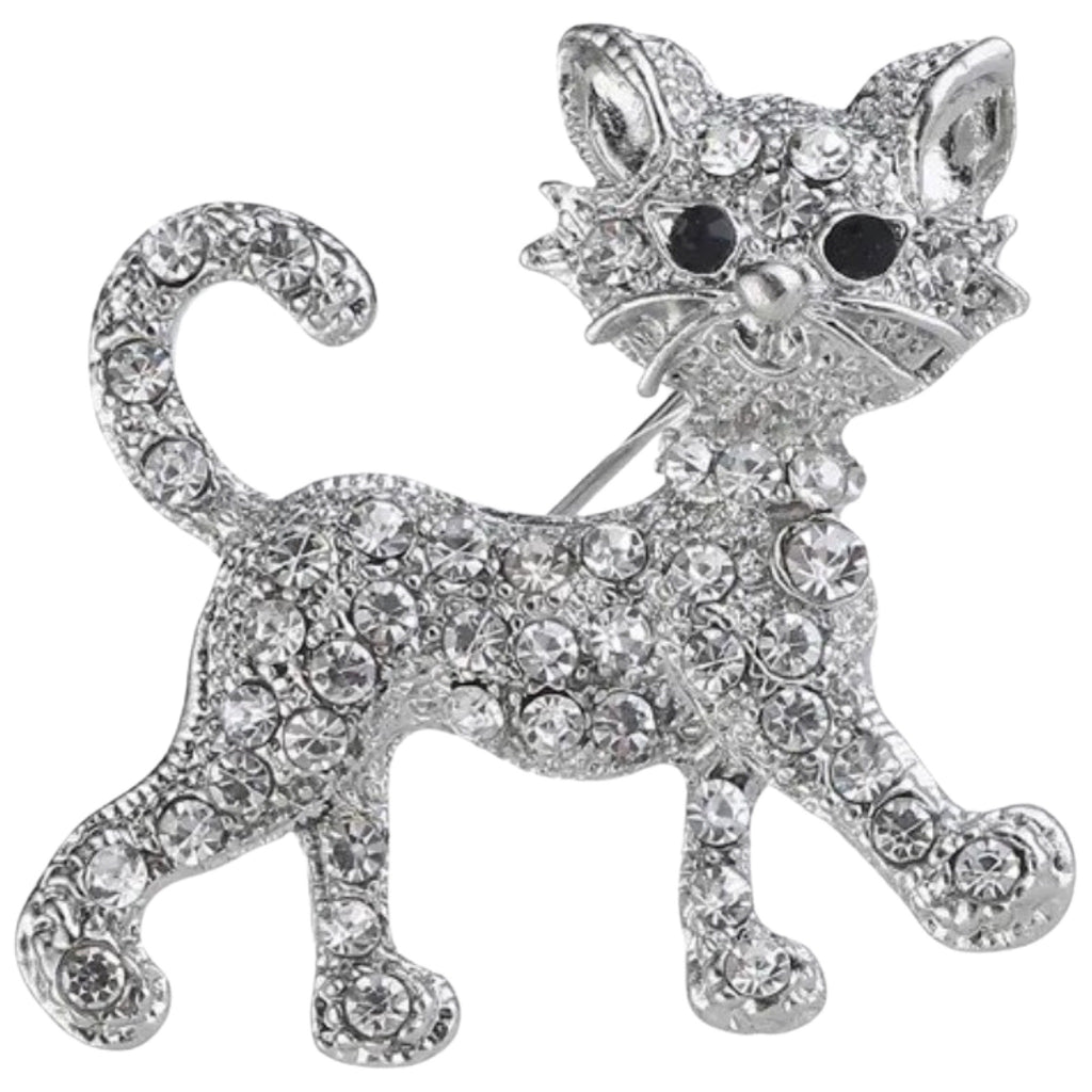 Poes Broche Zilver Strass Steentjes