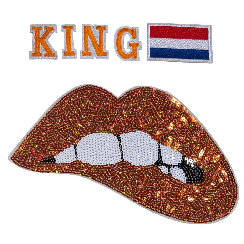 King Koningsdag Strijk Patch Set bestaande uit de letters king, de Nederlandse vlag en een XXL paillette mond patch