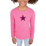 Smiley Ster Strijk Embleem Patch Glitter Donker Roze op een roze longsleeve