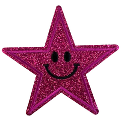 Smiley-Stern-Emblem-Aufnäher zum Aufbügeln, glitzernd, dunkelrosa