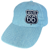 Route 66 USA Strijk Patch Donker Blauw Wit op een cap van spijkerstof